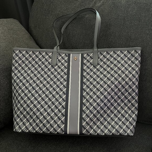 NWT TORY BURCH GRAY GEO LOGO W STRIPE Top Zip Tote Shoulder Bag Style #82398
